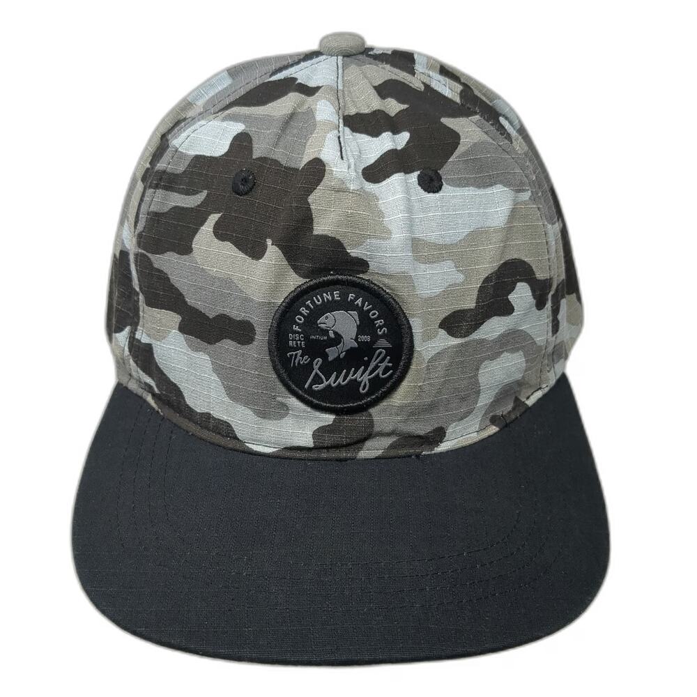Discrete 5 Panel Gray Camo One Size Fortune Favors The Swift Fish Strapback Hat